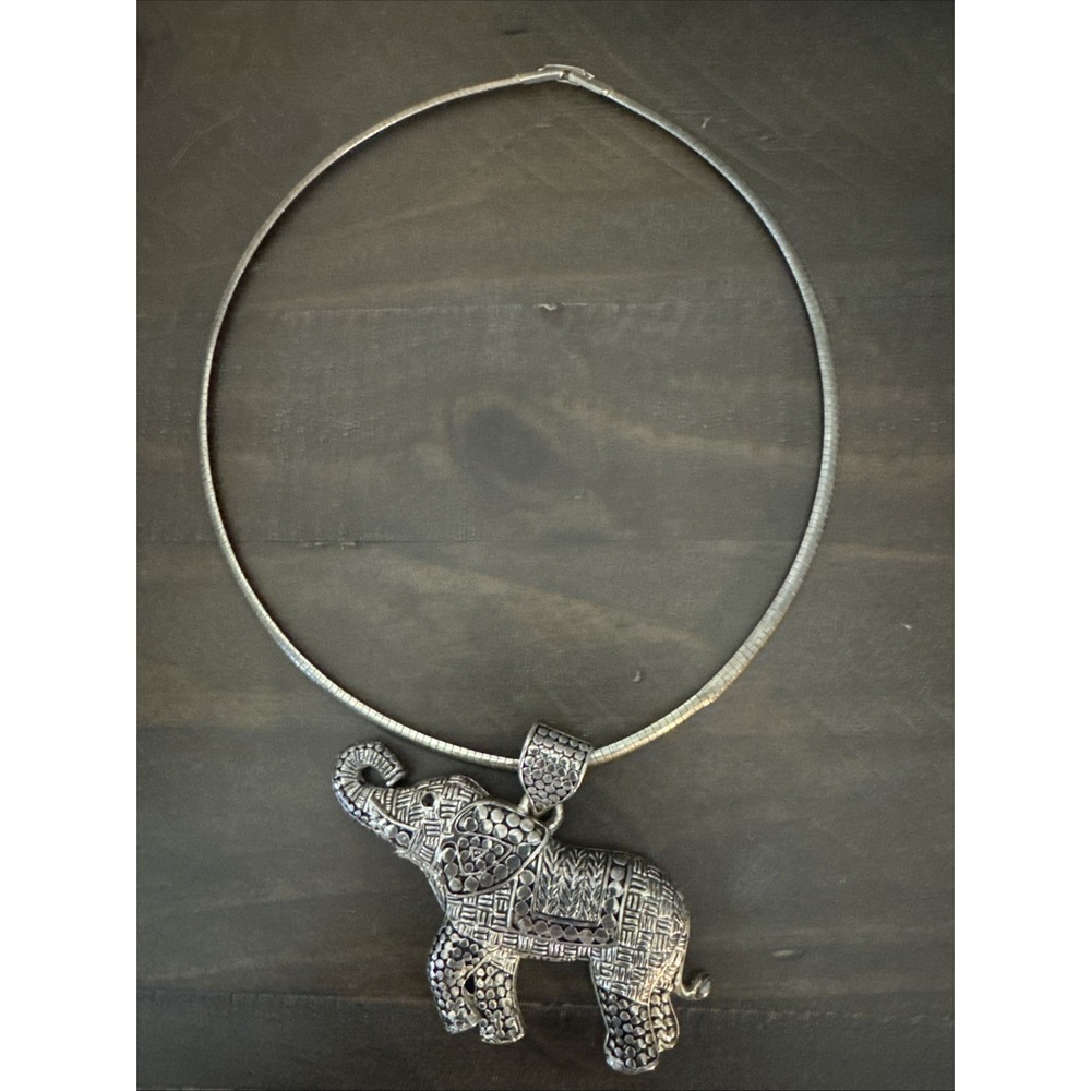 Elephant  Large Choker Metal Necklace Silver Tone Trunk Up